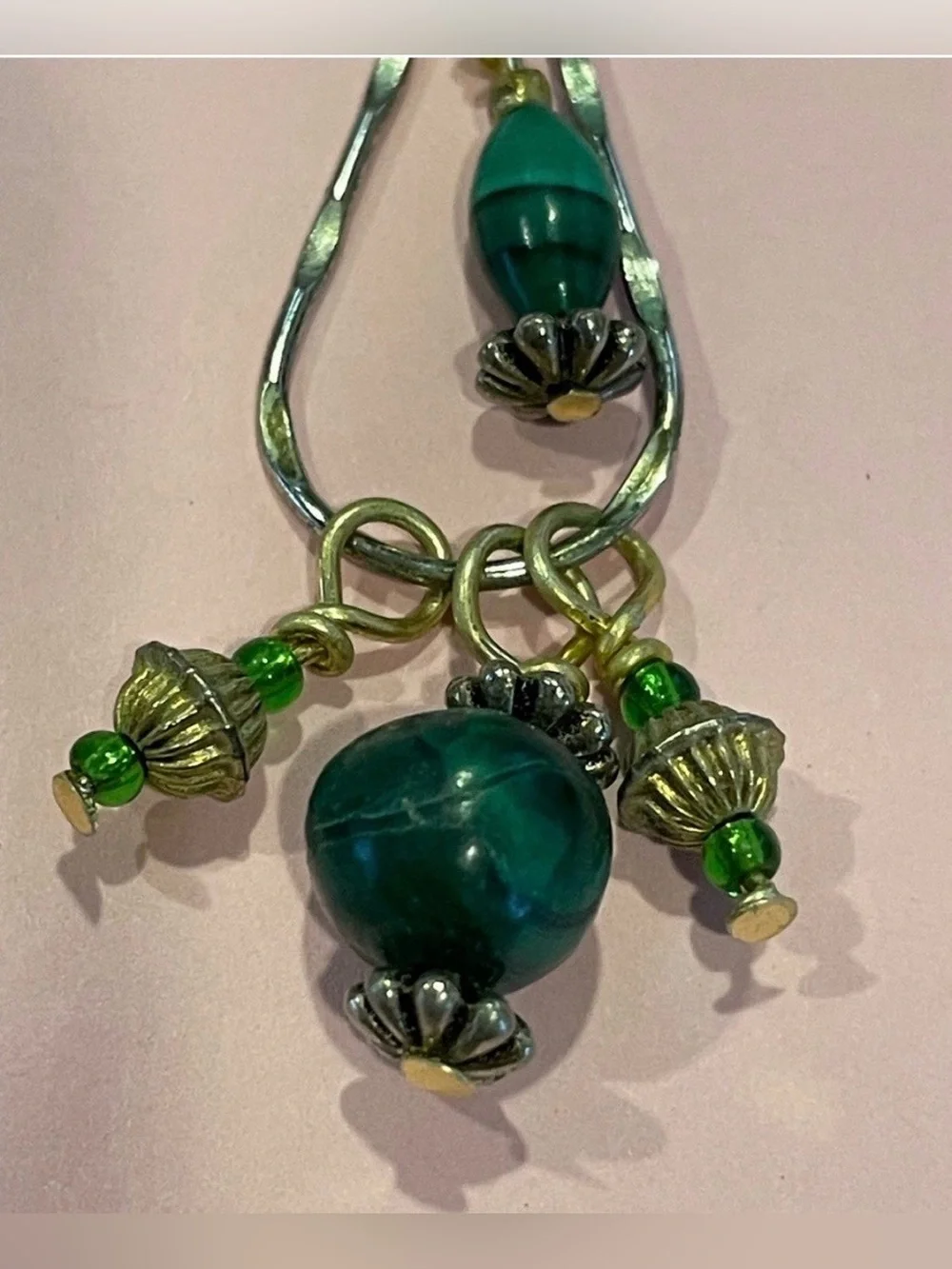 Vintage Malachite Bead Gold & Silver Tone Pierced Dangling Earrings #7310